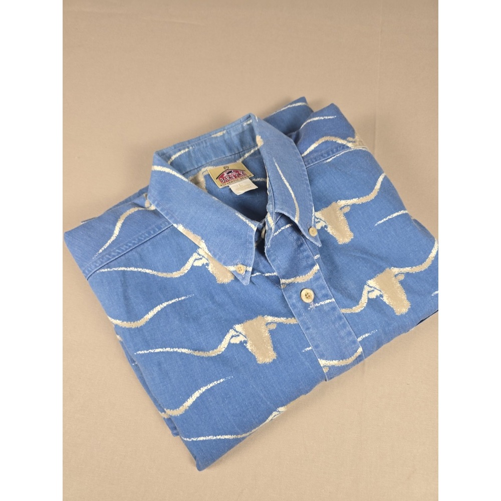 VTG 90s Barn Fly All Over Print Longhorn Steer Skull Western Shirt Blue Men L